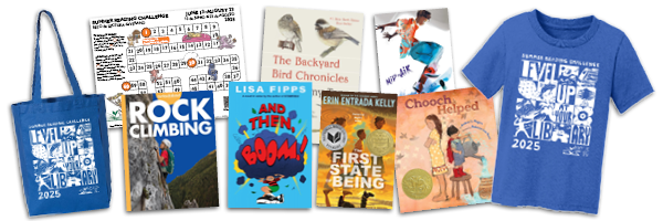 The Summer Reading Program T-shirt and tote bag, along with several books.