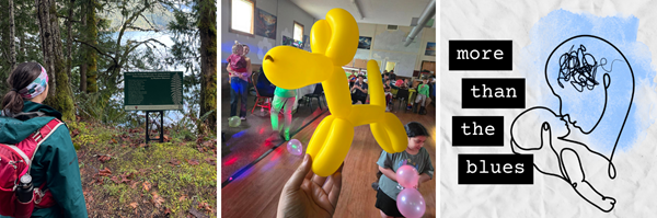 A person looking at a Poetry Walk sign in front of a lake, a balloon animal at a party, and the 