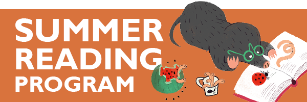 Summer reading program graphic featuring an illustration of a mole reading a book.