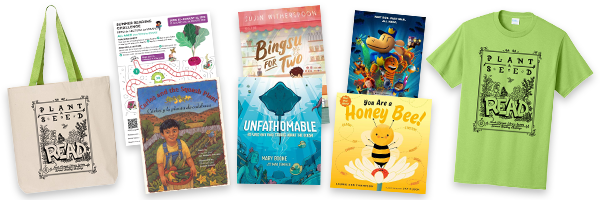 Summer Reading Program tote, bag t-shirt, and books