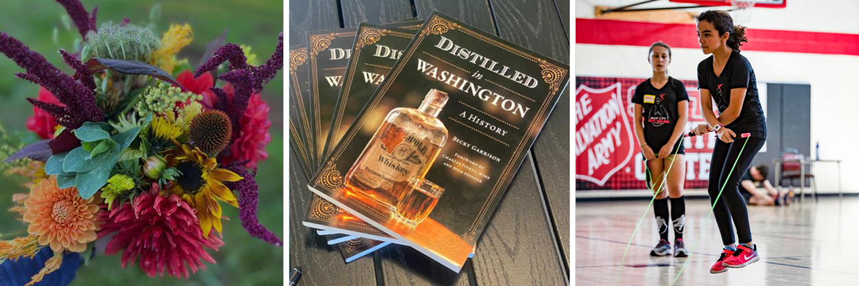 A colorful bouquet, Distilled in Washington books, kids jumping rope.