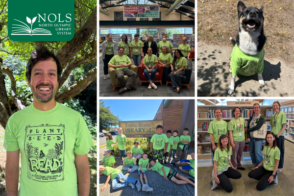 Collage of people and animals wearing the Summer Reading Challenge T-shirt.