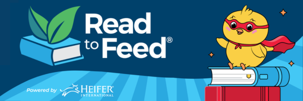 Read to Feed Graphic featuring a superhero chicken.